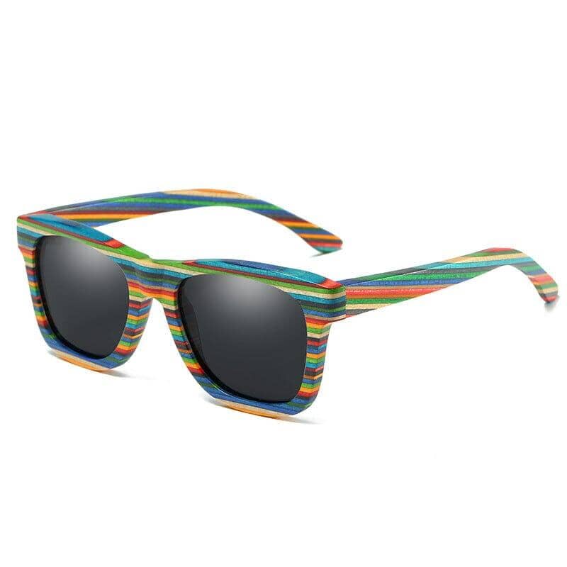 Handcrafted wooden sunglasses with multicolored striped design for men