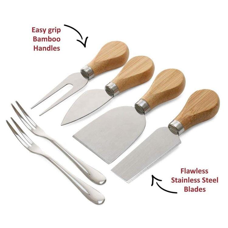 a set of stainless steel knives with bamboo handles