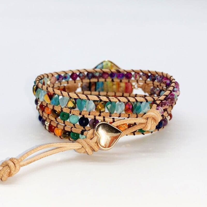 elegant handmade leather love  bracelet made with colored stones 