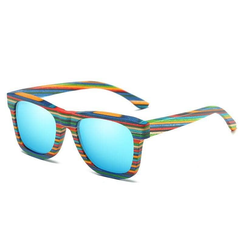 Men's artisanal wooden sunglasses featuring a vibrant stripe pattern