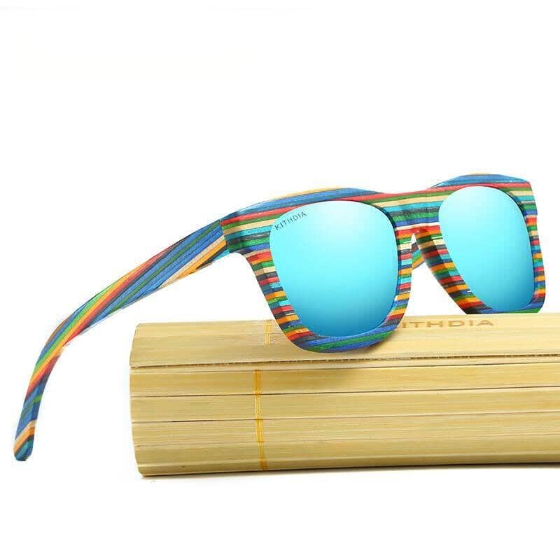 Men's bamboo-framed sunglasses with polarized blue lenses