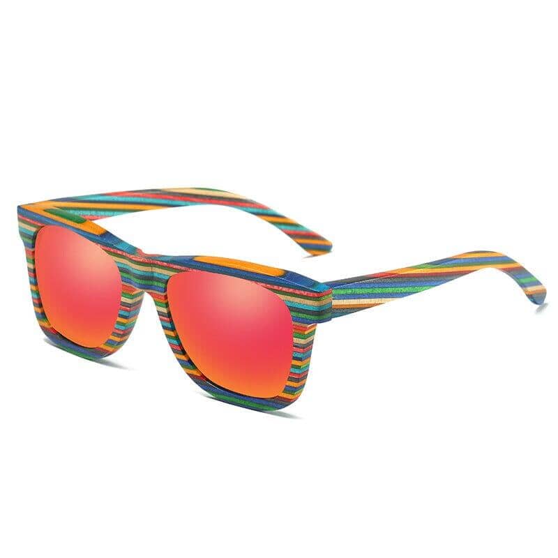 Durable men's sunglasses with striped wooden frame and red polarized lenses