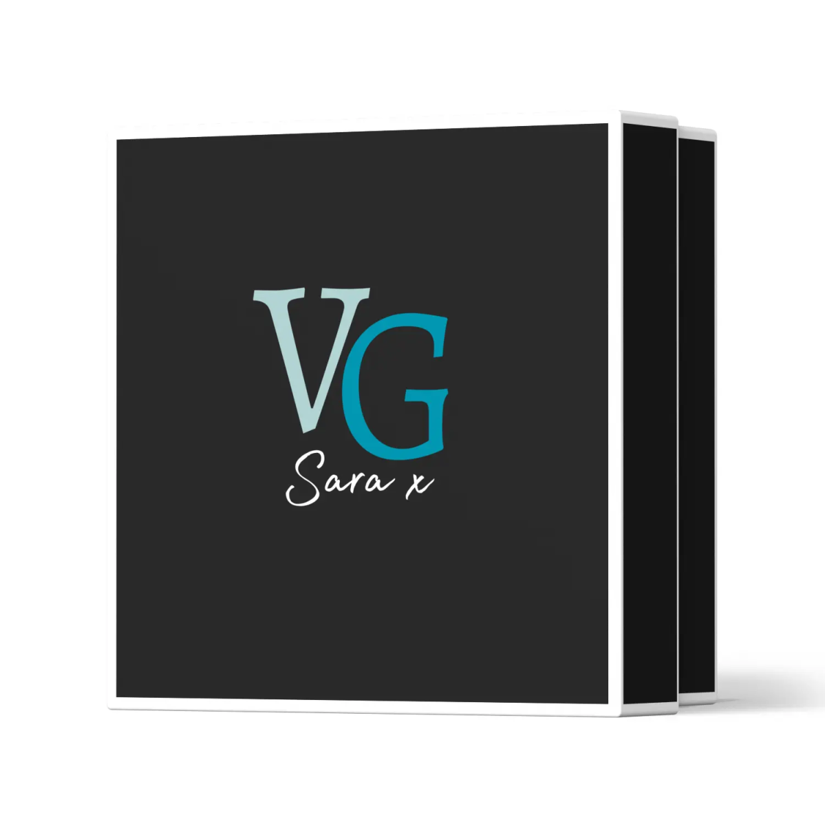 black box with a logo VG Sara x on a white canvas