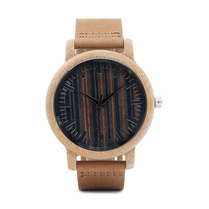 A quartz bamboo watch made of wood on a white canvas