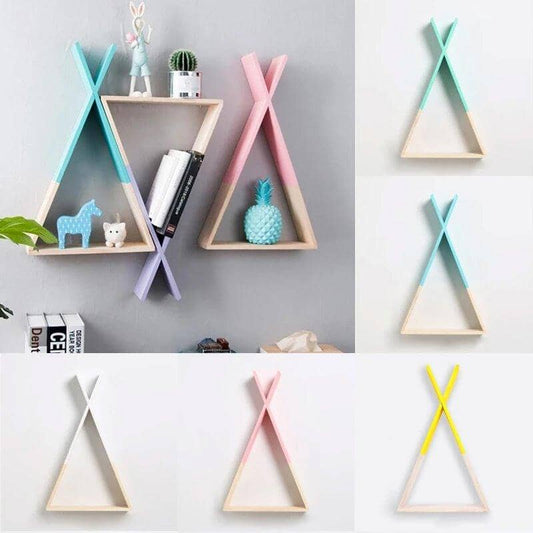 exposition of different colored wood shelves of Nordic style