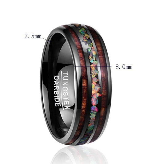specific width and thickness measures of an acacia-wood-opal-black-tungsten-carbide-ring