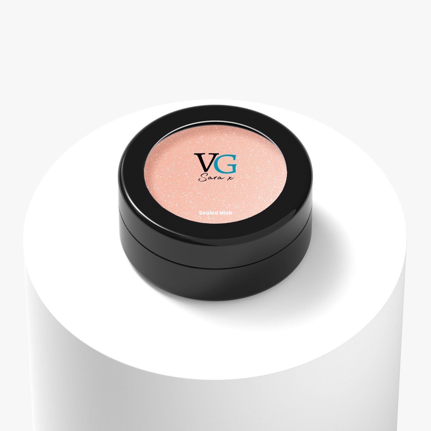 elegant black container of a gemstone vegan sparkling eyeshadow with logo