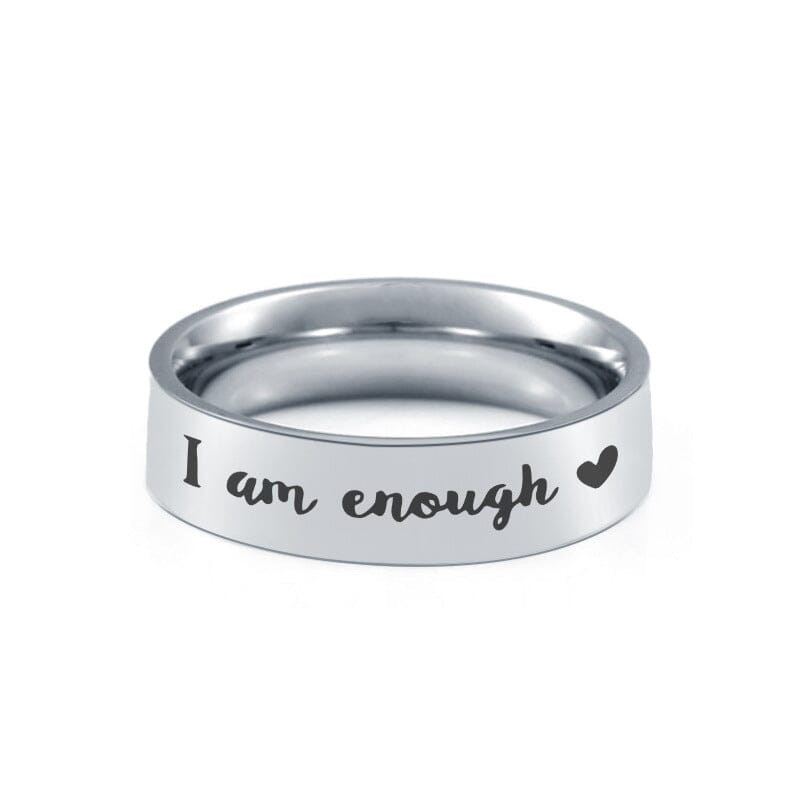A stainless steel ring with a soulmate message