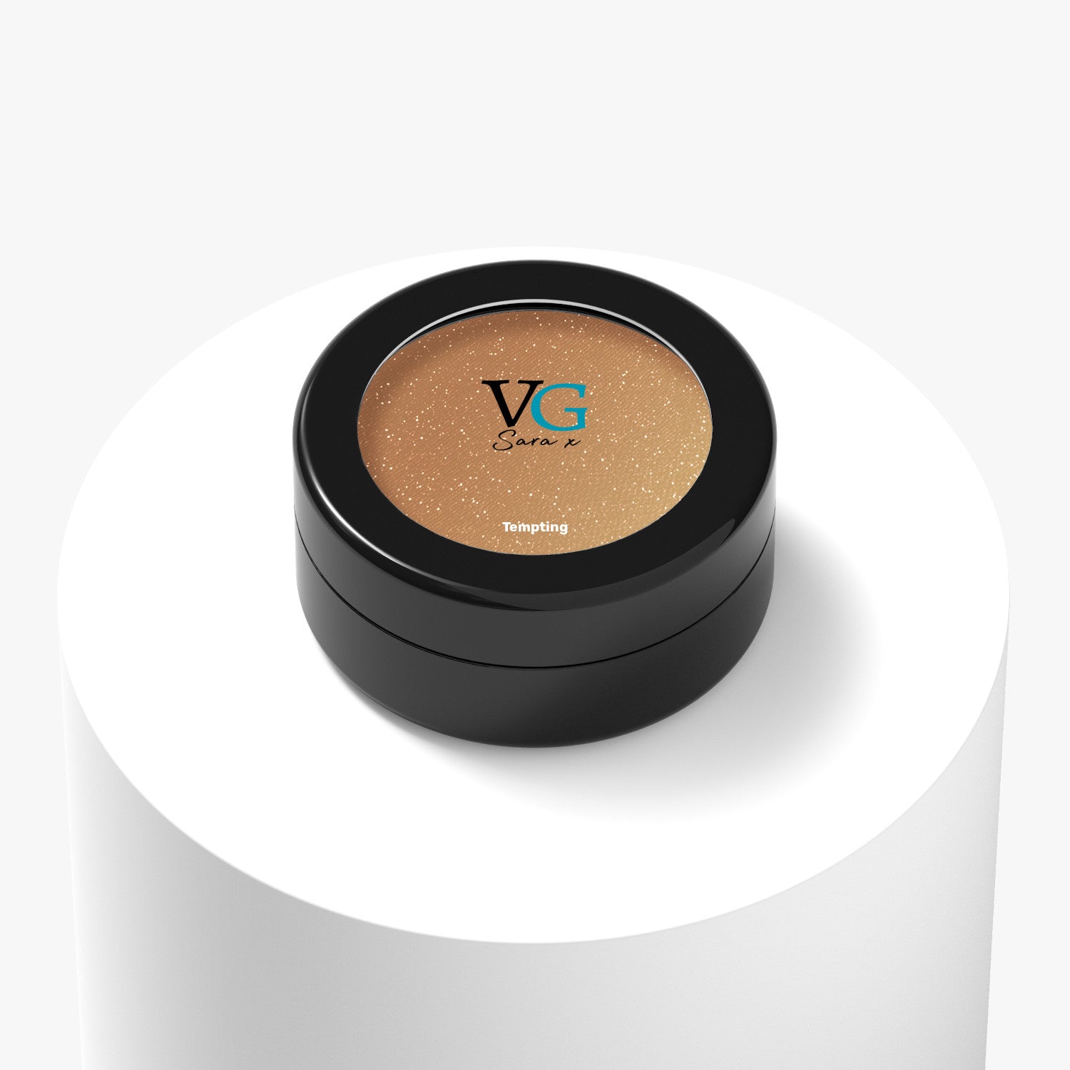 Black container printed with the dame Tempting of  vegan sparkling eyeshadow with logo