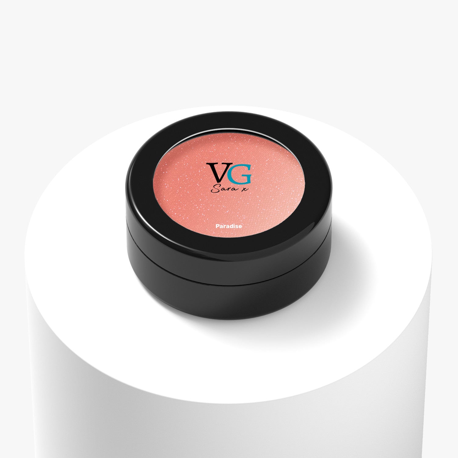 Black container with a printed name Paradise of  vegan sparkling eyeshadow with logo