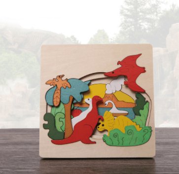cartoon animal puzzle of dinosaures on a wood surface and white background 