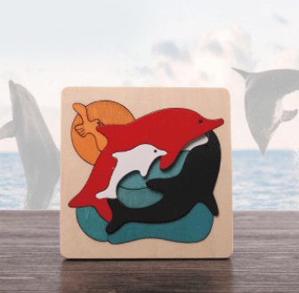 cartoon animal puzzle of dolphins on a wood surface and white background 