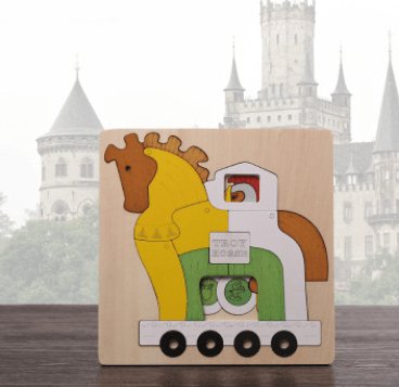 cartoon animal puzzle of horse troya on a wood surface and a shadow of a castle in the background 