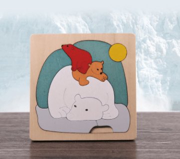 cartoon animal puzzle of mama bear and cubs on a wood surface and white background 