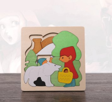 cartoon animal puzzle of red-hood on a wood surface and an elephant shadow in the background 