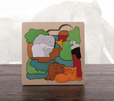 cartoon animal puzzle of wild animals on a wood surface and an elephant shadow in the background 