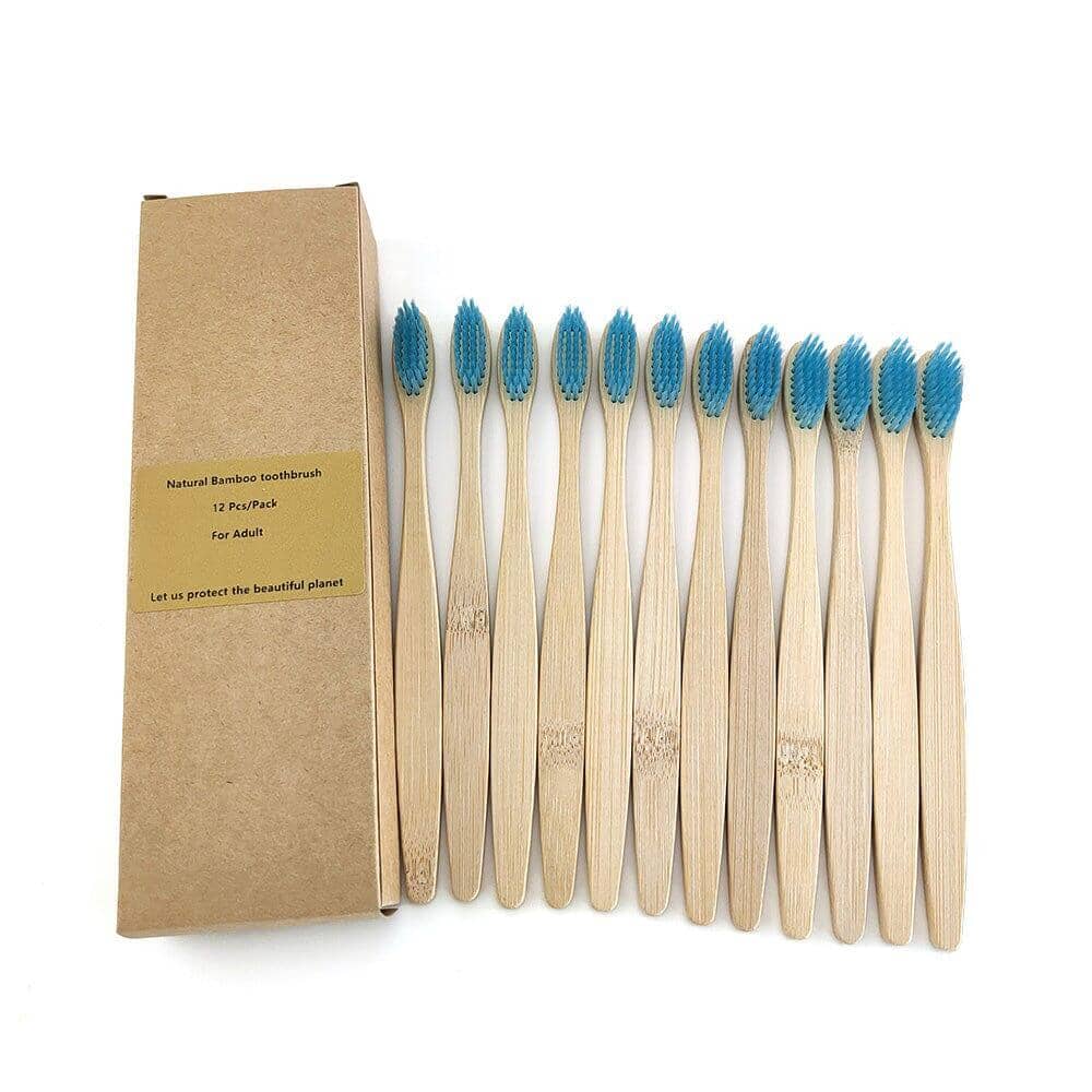Complete set of 12 bamboo toothbrushes in sustainable packaging