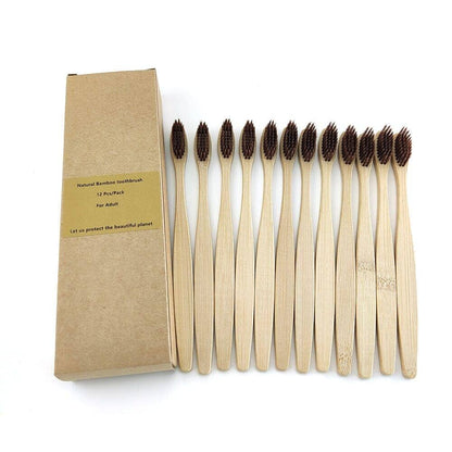 Collection of 12 bamboo toothbrushes in a recyclable brown box