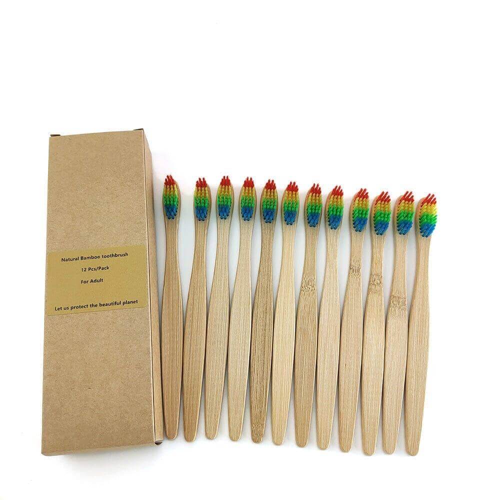 Assorted 12-pack of bamboo toothbrushes with multicolored bristles