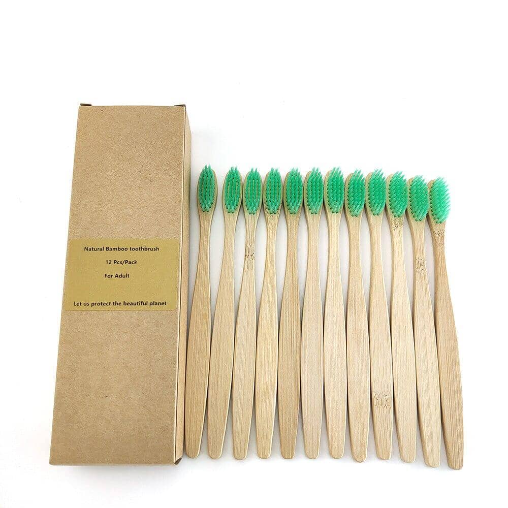 Environmentally friendly 12-pack bamboo toothbrush set in cardboard packaging