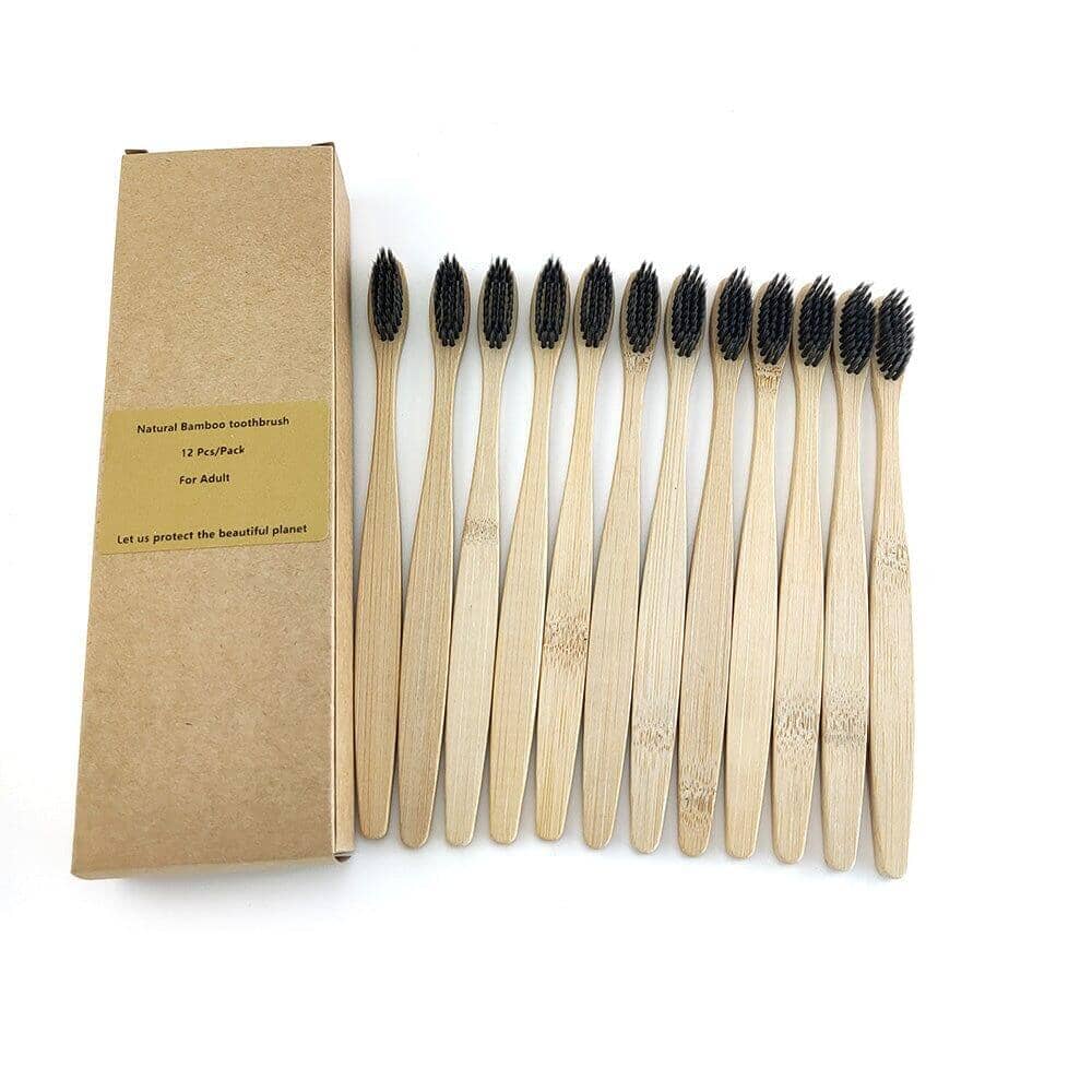 Twelve natural bamboo toothbrushes packaged in a cardboard box