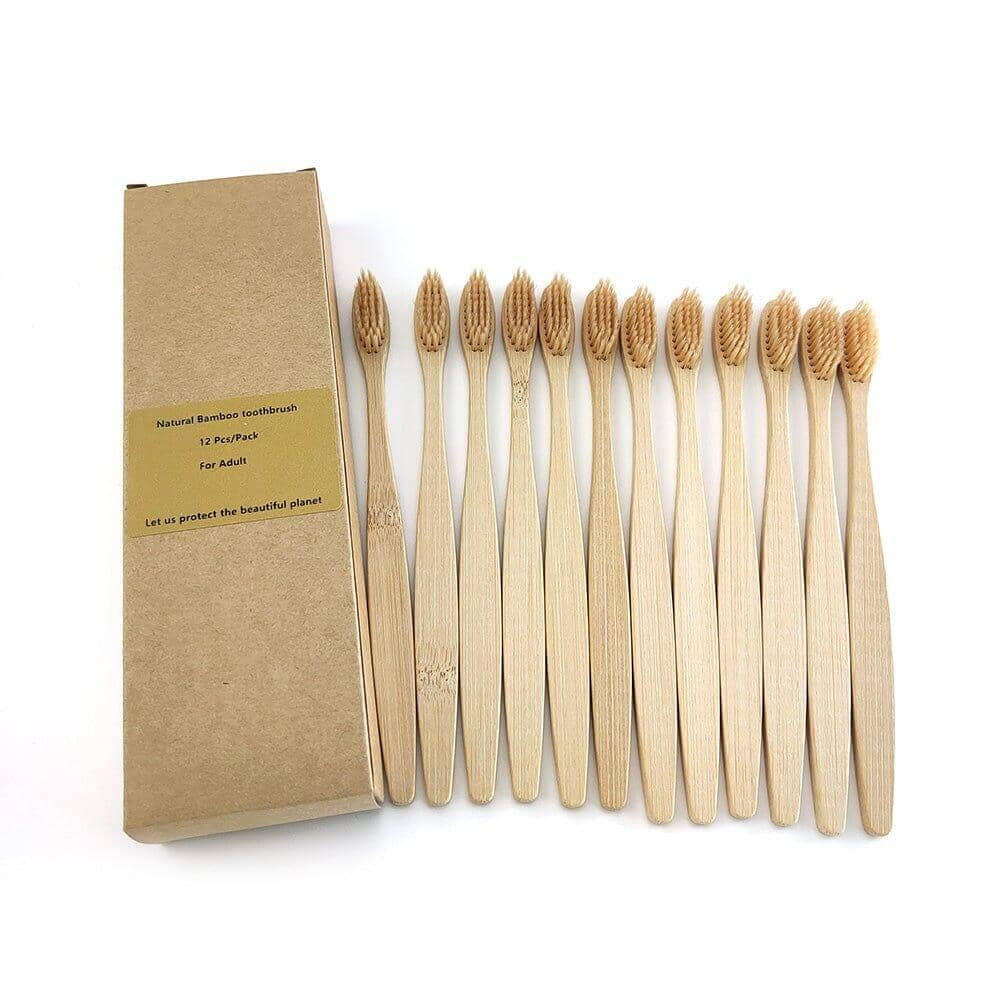 Bundle of 12 bamboo toothbrushes with brown handles in a box