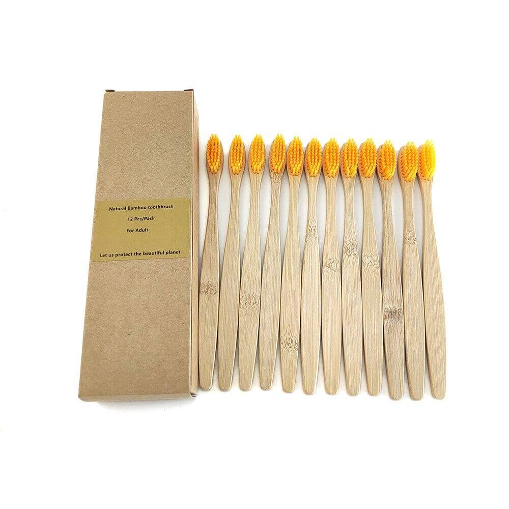 Set of 12 bamboo toothbrushes with natural bamboo handles