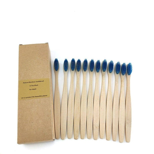 Box of 12 bamboo toothbrushes with blue-colored bristles