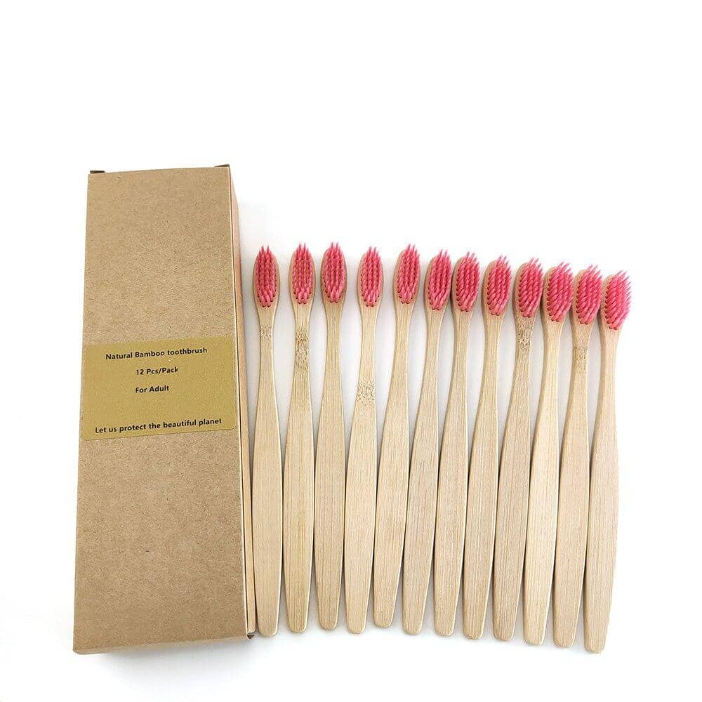 Pack of twelve bamboo toothbrushes with natural bristles in eco-friendly packaging