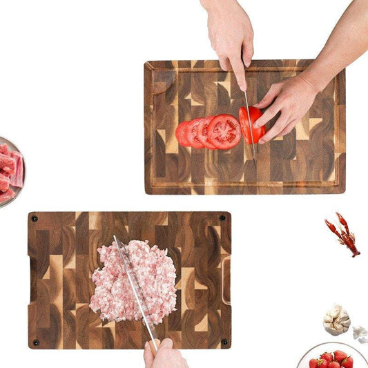 Acacia wood cutting board-in-use-with tomatoes and vegetables being chopped
