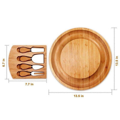 Complete cheese board set with a wooden board, cheese knife, and serving utensils