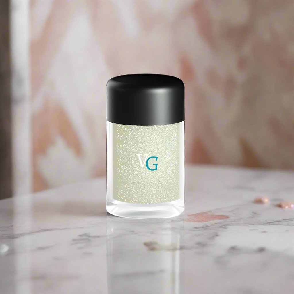 container of dust glitter makeup on a luxury marble surface