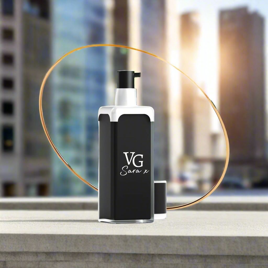 Luxurious bottle of serum with a Logo brand VG Sara x on a countertop with a blurred city background