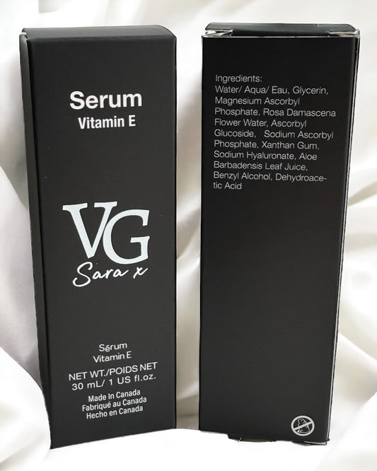 Front and back of packing for a serum vitamin E natural ingredients