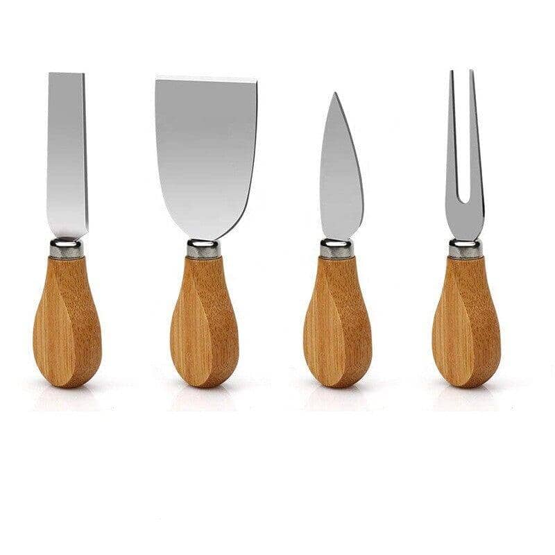 A collection of specialized cheese knives included in the cheese board set