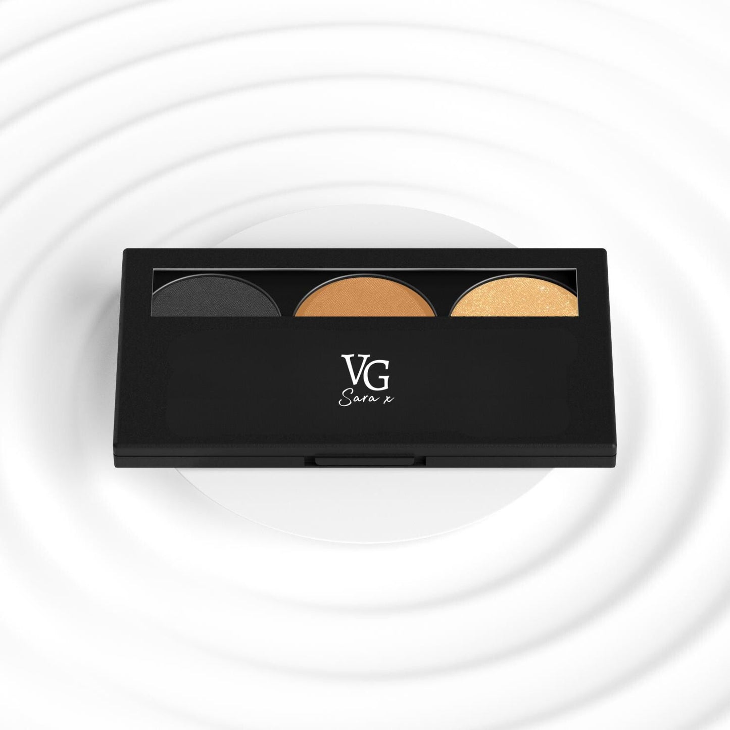 A black eye shadow palette with three colors and a logo