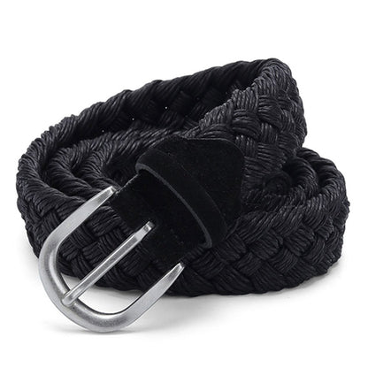 black rope belt with a buckle on a white canvas