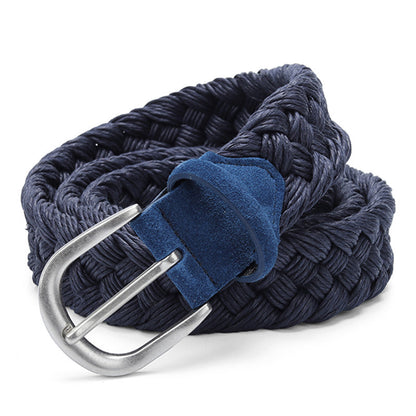 A blue marine rope belt  with an alloy square bucle on a white canvas alloy s