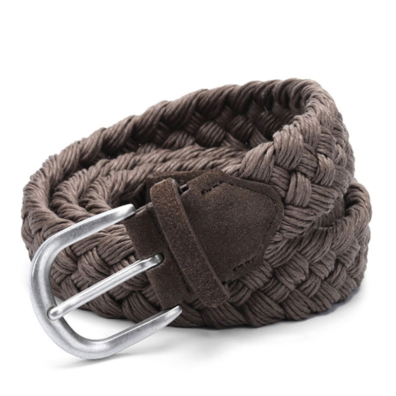 a dark brown rope belt with a alloy buckle on a white background