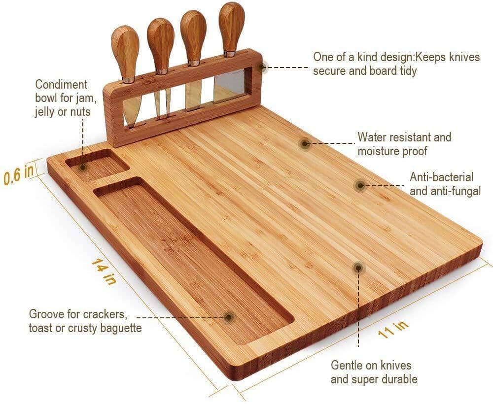 Bamboo cheese cutting board with a set of four specialized knives