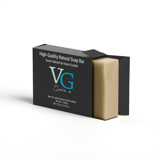 Close-up of the VG logo on an apricot exfoliating soap bar