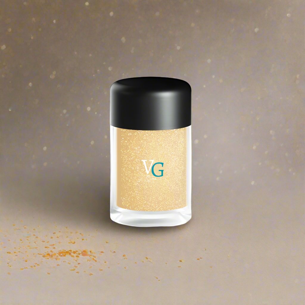 fine gold dust glitter container with logo VG Sara x on a neutral background same colors