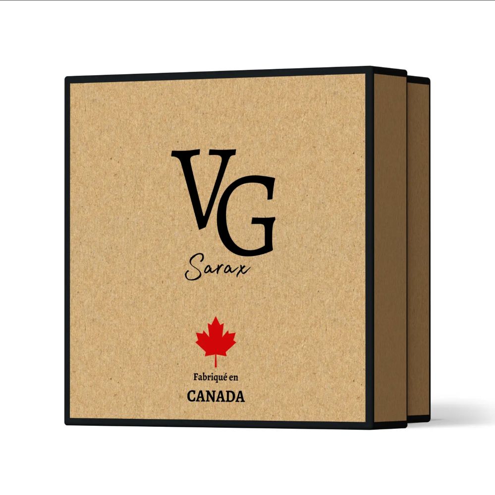 Beauty Gift box VG Sara x in brown natural color on a white canvas with a message made in Canada in French language