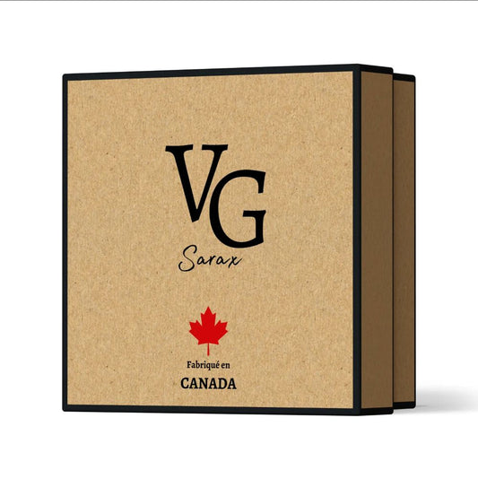 Beauty Gift box VG Sara x in brown natural color on a white canvas with a message made in Canada in French