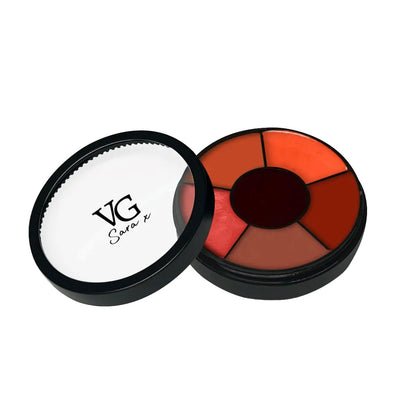 A hydrating creamy lipstick wheel featuring red and orange shades, labeled VG Sara