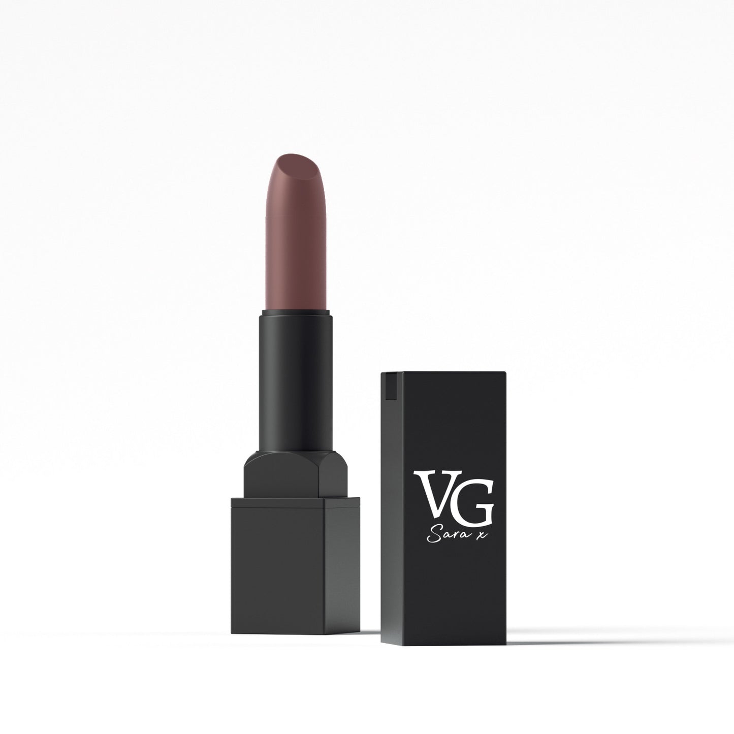 VG Cosmetics blackberry lipstick presented with its elegant black box