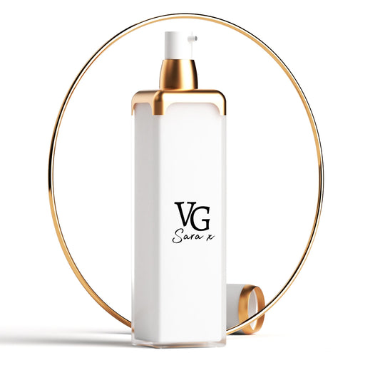 White container with a gold aura and a black logo Vg Sara X