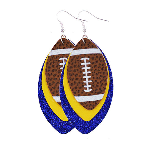 a pair of rugby theme earrings on a  white canvas