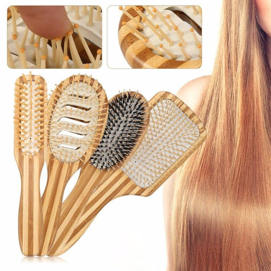 Bamboo hairbrush with natural wooden bristles and handle