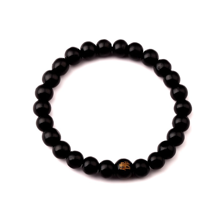 Black wooden beaded bracelet with charak symbol